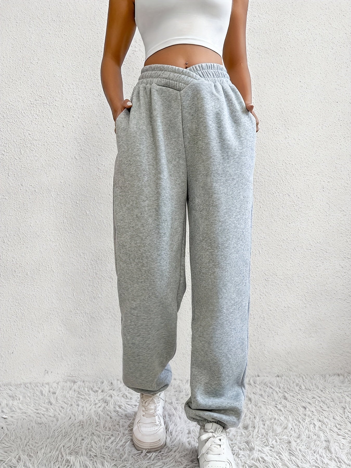 dunnmall  Solid Loose Basic Jogger Sweatpants, Versatile Comfy Pants For Fall & Winter, Women's Clothing