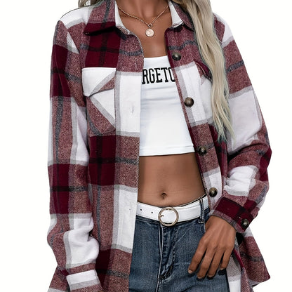 dunnmall  Plaid Button Front Jacket, Casual Lapel Long Sleeve Outwear, Women's Clothing