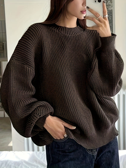 dunnmall Solid Crew Neck Pullover Sweater, Casual Long Sleeve Drop Shoulder Oversized Sweater, Women's Clothing