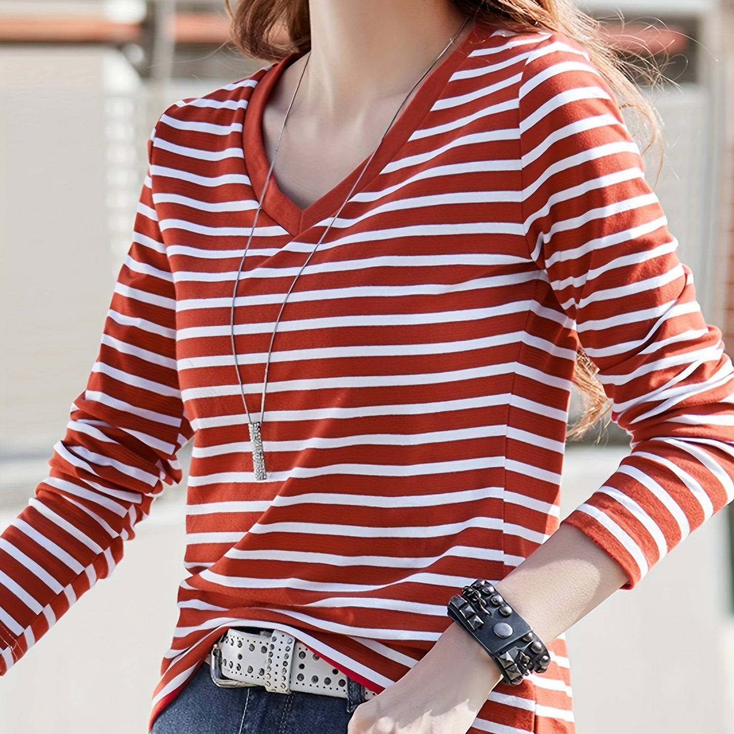 dunnmall Striped V Neck T-shirt, Casual Long Sleeve Top For Spring & Fall, Women's Clothing