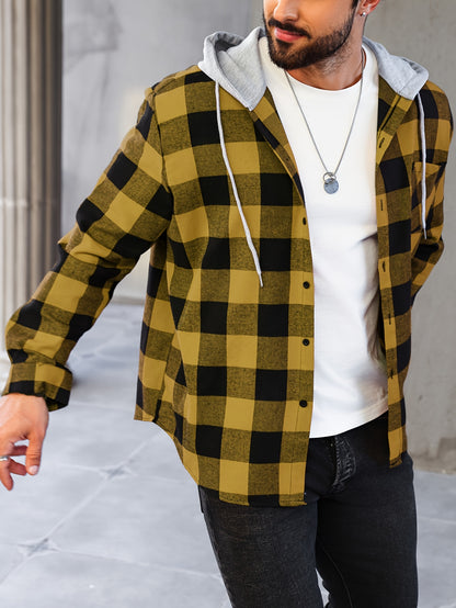 Men's Plus Size Plaid Hooded Jacket - Casual Button-Up Shirt with Pockets, Machine Washable, PLUS SIZE