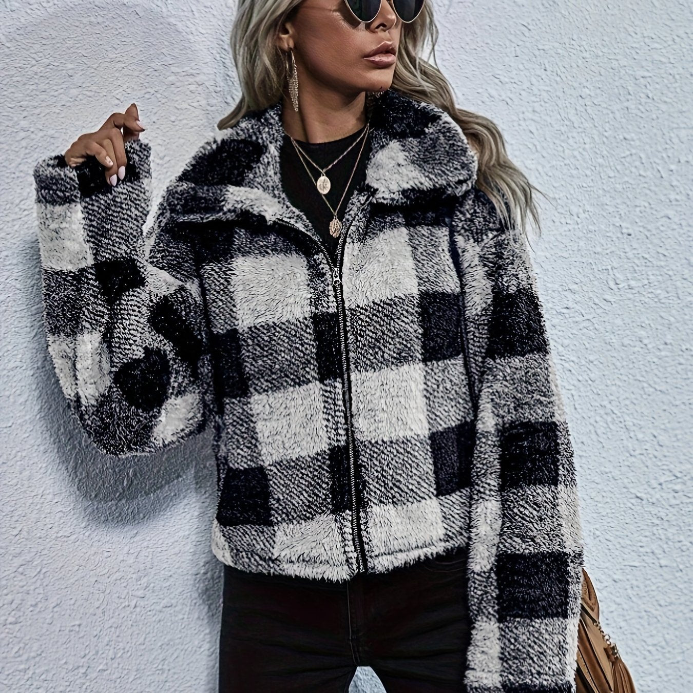 Zip Front Plaid Print Plush Coat, Long Sleeve Lapel Teddy Jacket For Fall & Winter, Women's Clothing