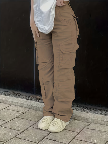 Plain High Rise Cargo Denim Pants, Loose Solid Color Retro Cargo Jeans, Street Casual Style, Women's Denim Jeans & Clothing