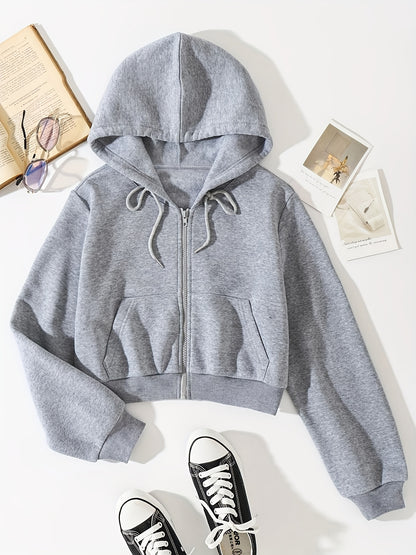 dunnmall  Solid Color Fleece Hooded Sweatshirt With Zipper, Drawstring Front Pocket Pullover Crop Sports Zipper Hoodie, Women's Sporty Sweatshirts