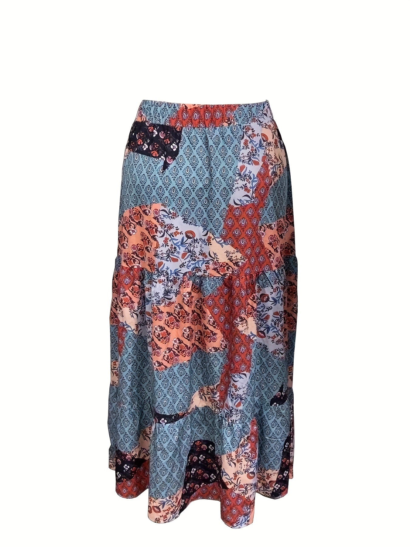 Plus Size Boho Skirt, Women's Plus Stitching Floral Print High Rise Pleated Maxi Skirt