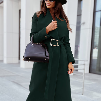 Elegant Lapel Belt Long Coat, Casual Long Sleeve V-neck Fashion Loose Fall Winter Long Outerwear, Women's Clothing