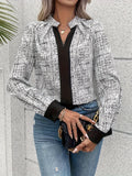 xieyinshe Graphic Print Contrast Trim Blouse, Casual Notched Neck Long Sleeve Blouse For Spring & Fall, Women's Clothing