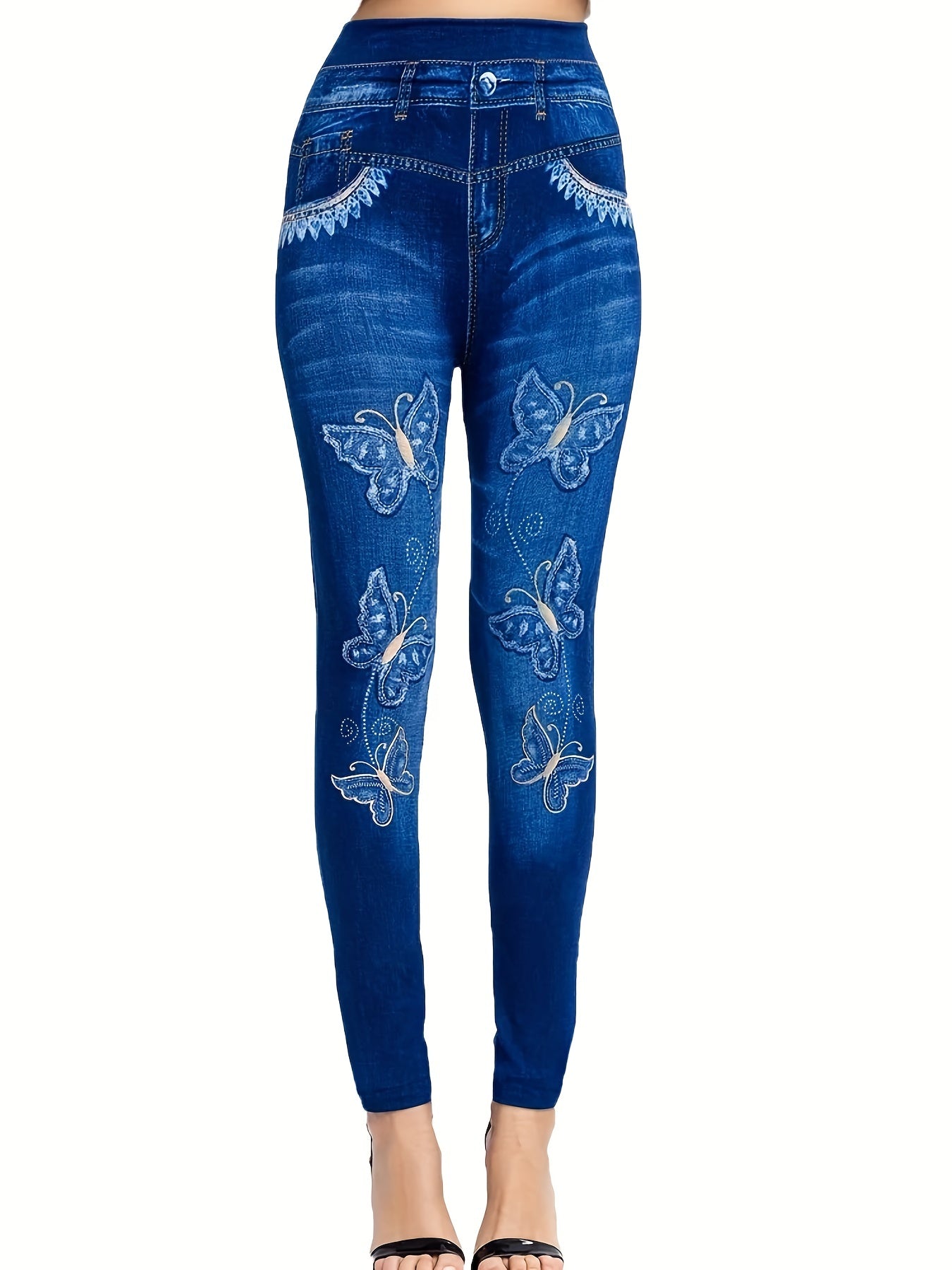 dunnmall  Denim Print High Waist Jeggings, Slim Stretchy Casual Leggings, Women's Clothing