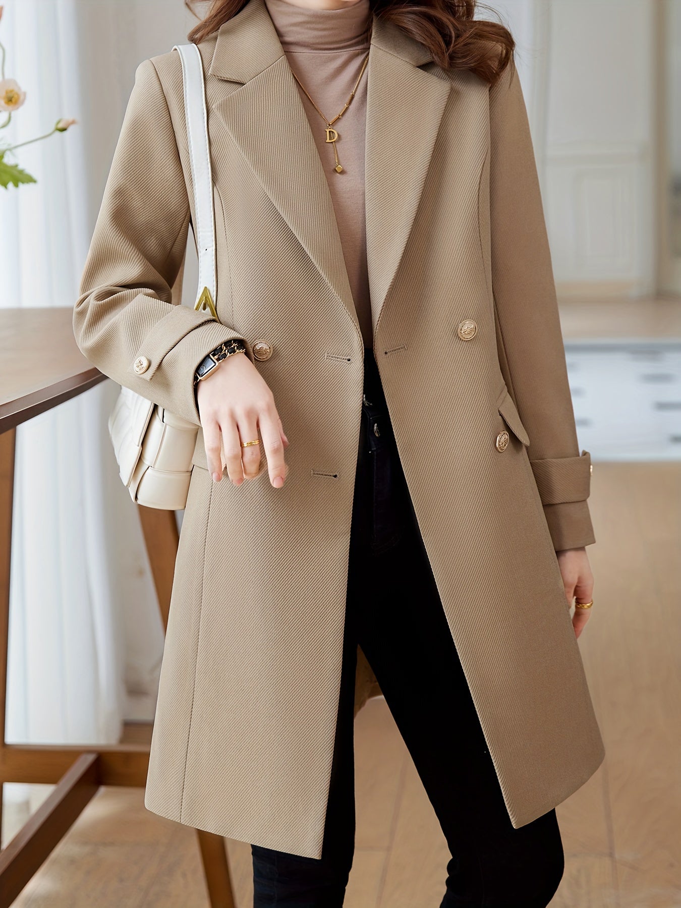 Solid Double Breasted Lapel Overcoat, Elegant Long Sleeve Mid Length Coat  For Fall & Winter, Women's Clothing