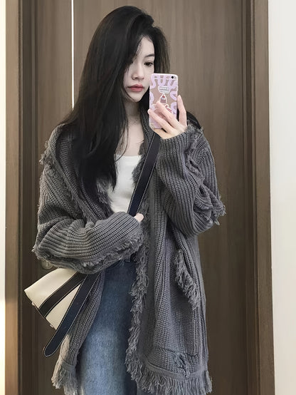 dunnmall  Solid Open Front Knit Cardigan, Casual Raw Trim Long Sleeve Loose Sweater With Pocket, Women's Clothing