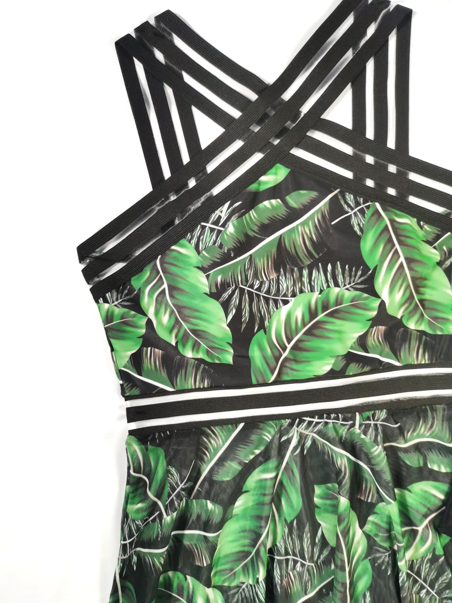 dunnmall  Leaf Print Contrast Mesh 2 Pieces Swimsuit, Criss Cross Neck High Cut Casual Beachwear Bathing Suit, Women's Swimwear & Clothing