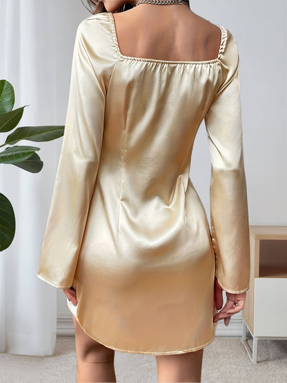 dunnmall  Solid Color Long Sleeve Dress, Elegant Sweetheart Neck Dress, Women's Clothing