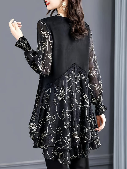 dunnmall  Floral Print Lace Trim V Neck Dress, Casual Velvet Paneled Long Sleeve Dress, Women's Clothing