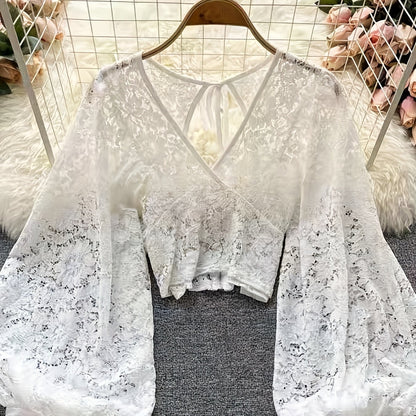 dunnmall  Semi-sheer Floral Lace Tie Top, Casual V Neck Back Zipper Long Lantern Sleeve Blouse, Women's Clothing