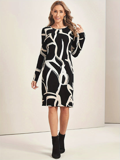 dunnmall Abstract Print Long Sleeve Dress, Casual Crew Neck Slim Dress, Women's Clothing