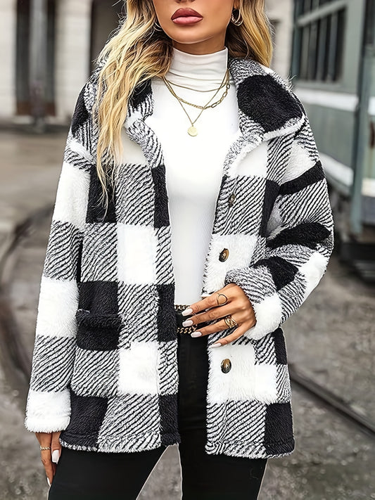 dunnmall  Plaid Print Teddy Coat, Casual Button Front Long Sleeve Winter Warm Outerwear, Women's Clothing