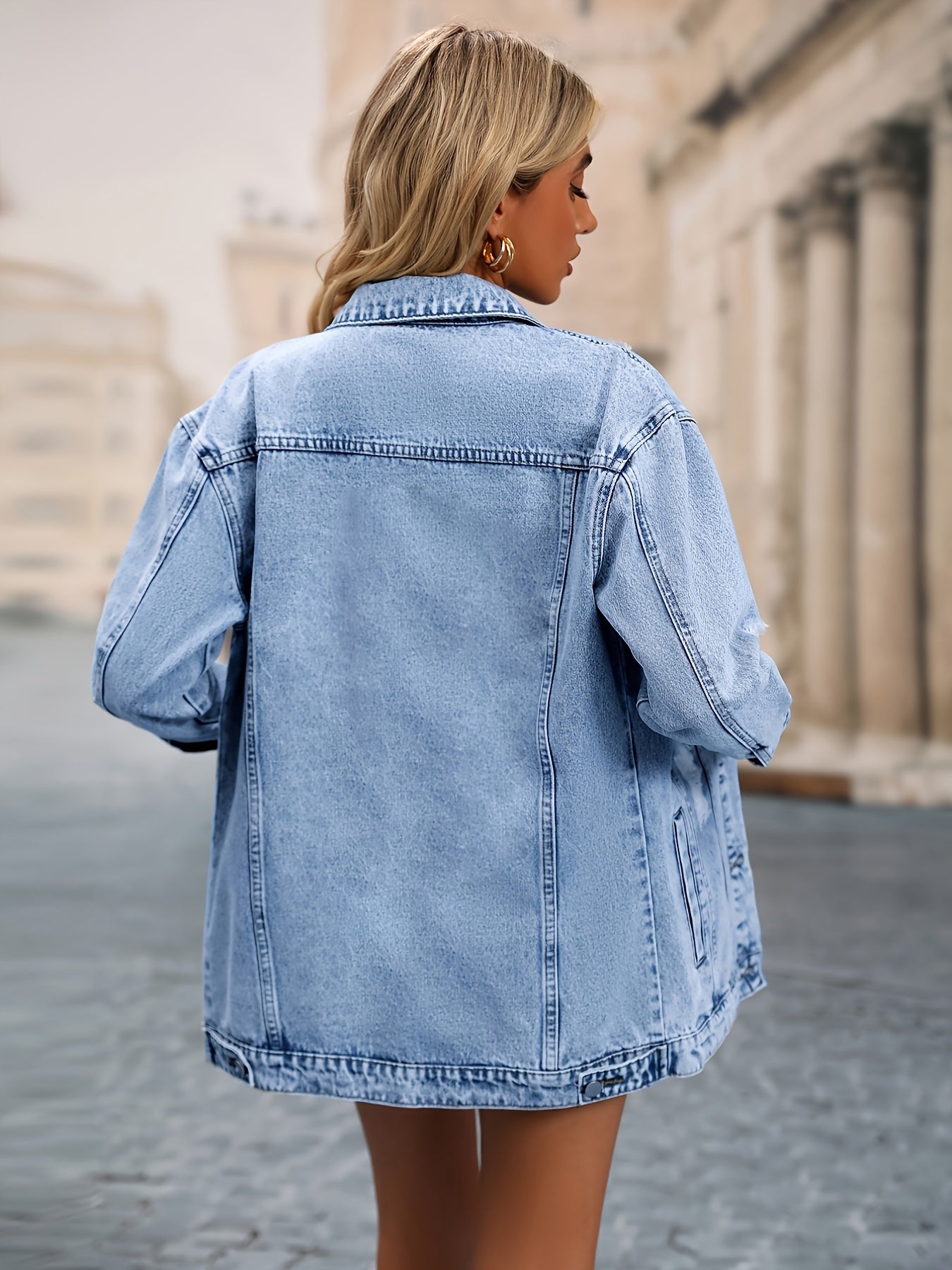 dunnmall  Oversized Distressed Flap Pockets Denim Jacket, Ripped Deco Long Sleeve Butt Cover Denim Coat, Women's Denim Jackets & Coats, Women's Clothing