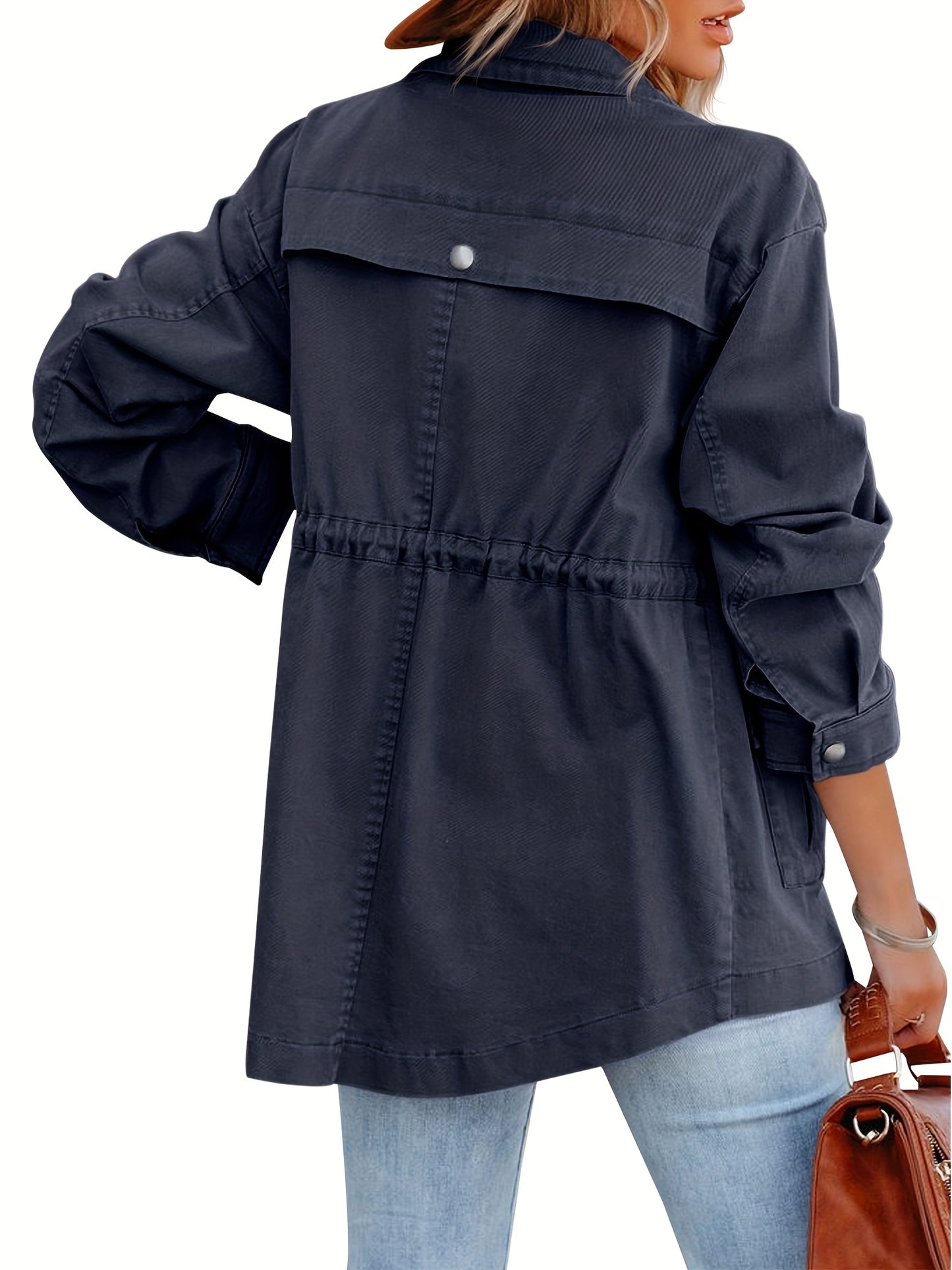 Button Flap Pockets Drawstring Jacket, Casual Long Sleeve Jacket For Fall & Winter, Women's Clothing