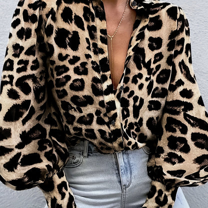 Leopard Print Button Front Shirt, Vintage Lantern Long Sleeve Shirt, Women's Clothing