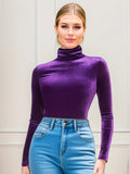 dunnmall  Solid Turtleneck Velvet Simple Top, Vintage Long Sleeve Slim Top For Spring & Fall, Women's Clothing