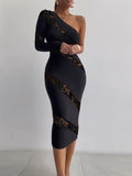 Bodycon One Shoulder Dress, Elegant Contrast Lace Asymmetrical Dress, Women's Clothing