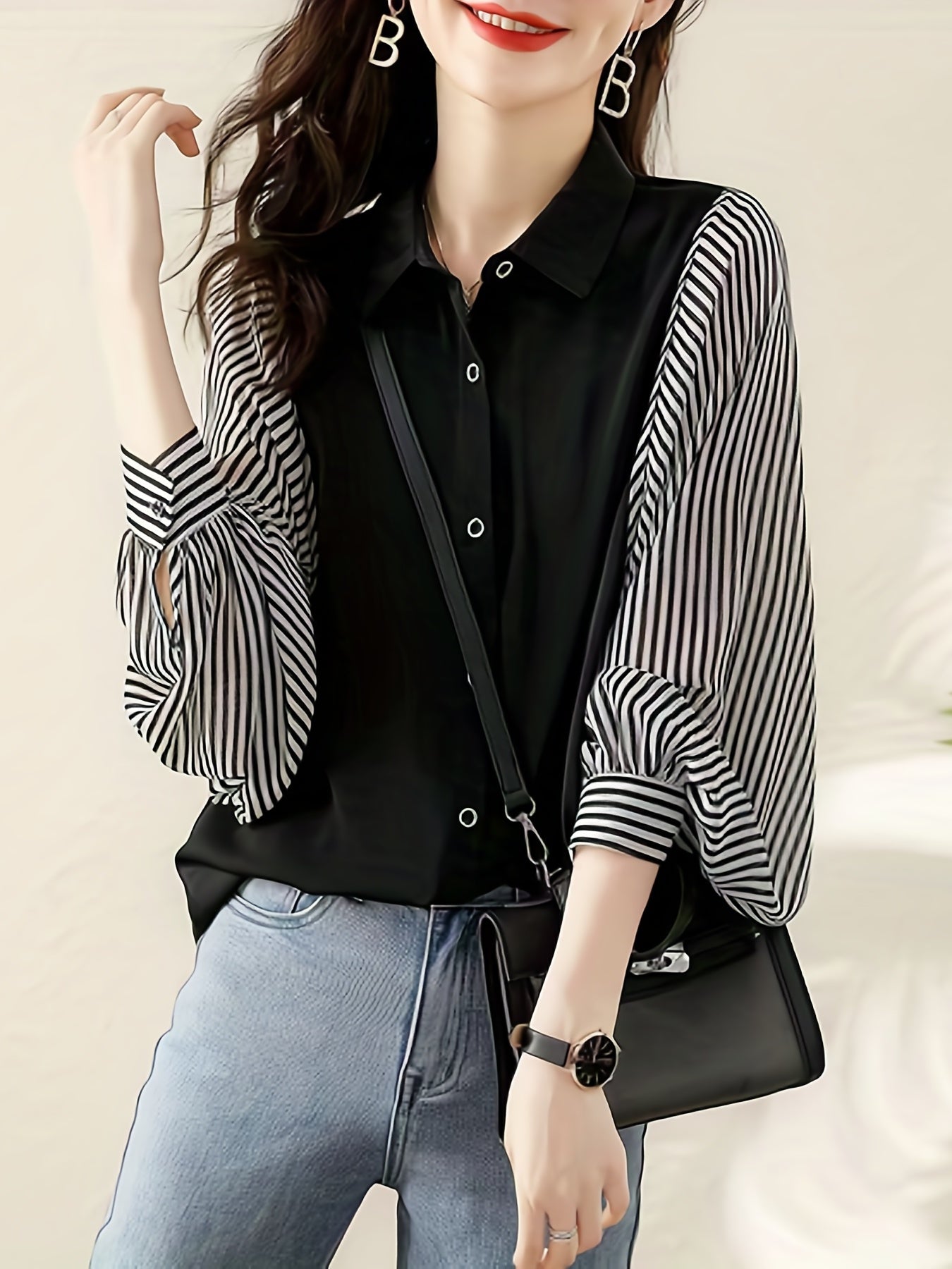 dunnmall  Striped Print Splicing Shirt, Casual Button Front Long Sleeve Shirt, Women's Clothing