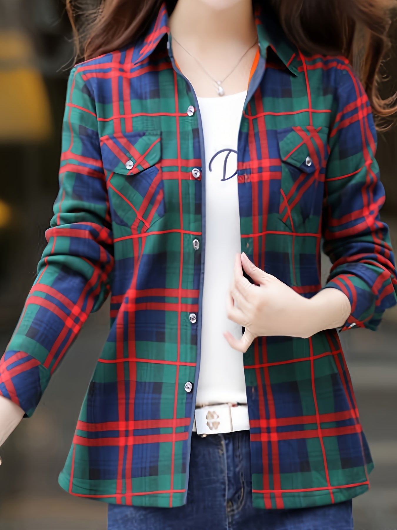 Plaid Print Button Front Pocket Shirt, Casual Long Sleeve Shirt For Spring & Fall, Women's Clothing