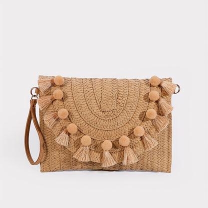 Stylish Rattan Envelope Clutch Bag - Buckle Closure, Polyester Lining, Plastic Material, Perfect for Summer Beach Travel and Vacation - Womens Wrist Bag for Everyday Use