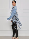 Back Woven Mesh Tassel Hem Denim Jacket, Hollow Out Knotted Cropped Denim Coats, Women's Denim Jackets & Clothing