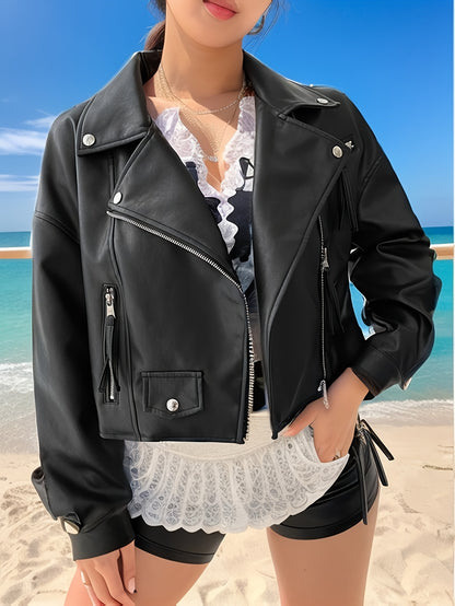 dunnmall  Faux Leather Zip-up Jacket, Casual Long Sleeve Lapel Biker Jacket For Fall & Winter, Women's Clothing