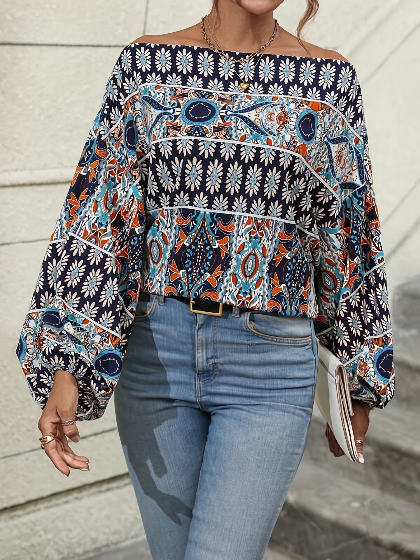 dunnmall  Ethnic Graphic Print Blouse, Casual Off Shoulder Long Sleeve Blouse, Women's Clothing