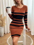 dunnmall Striped Slim Sweater Dresses , Long Sleeve Crew Neck Mini Dress , Women's Clothings