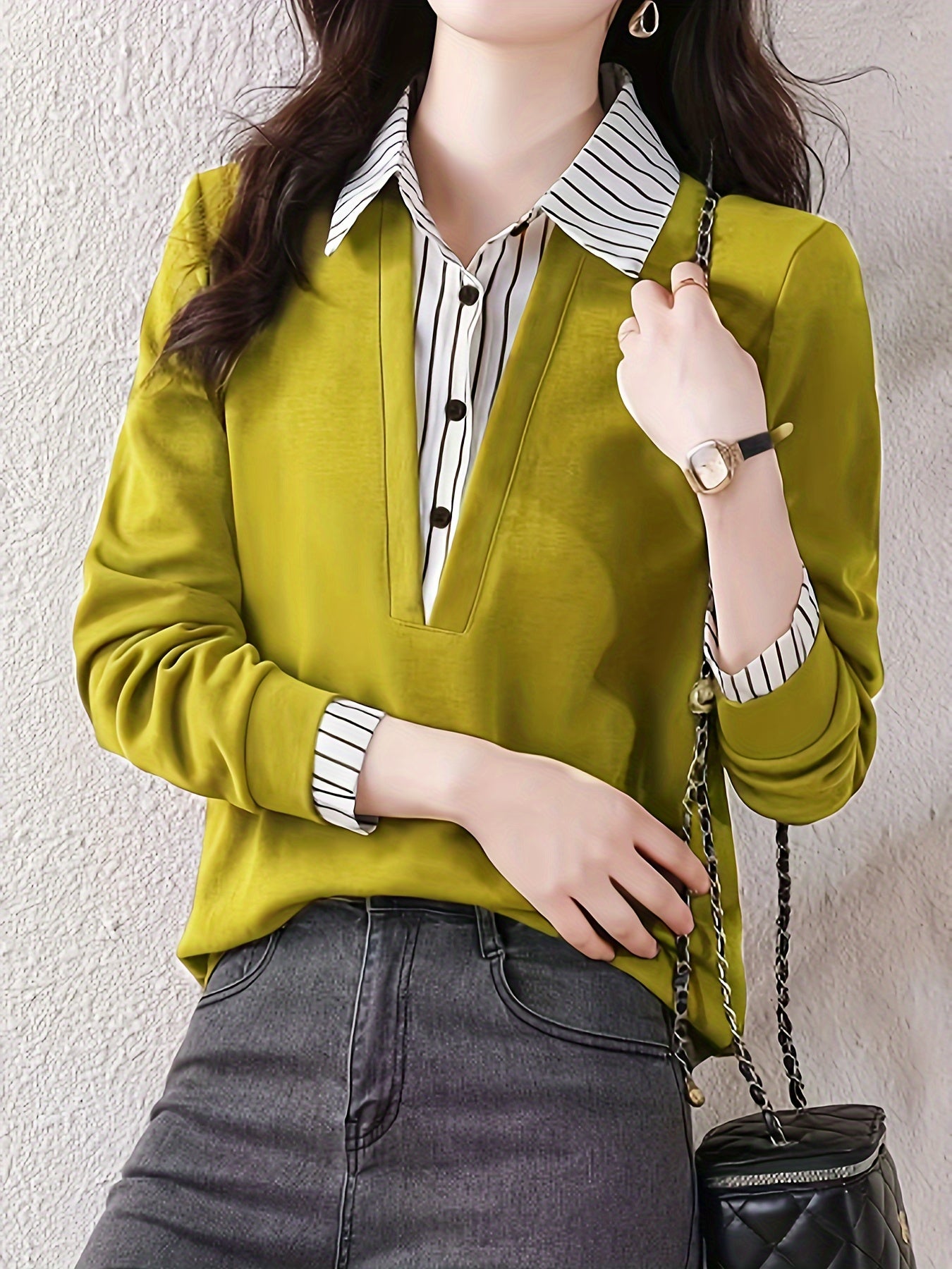 xieyinshe Striped Print Color Block Splicing Shirt, Casual Long Sleeve Button Front Shirt For Spring & Fall, Women's Clothing