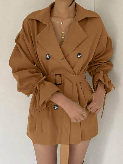 dunnmall Double Breasted Lapel Trench Coat, Elegant Solid Drawstring Long Sleeve Outerwear, Women's Clothing