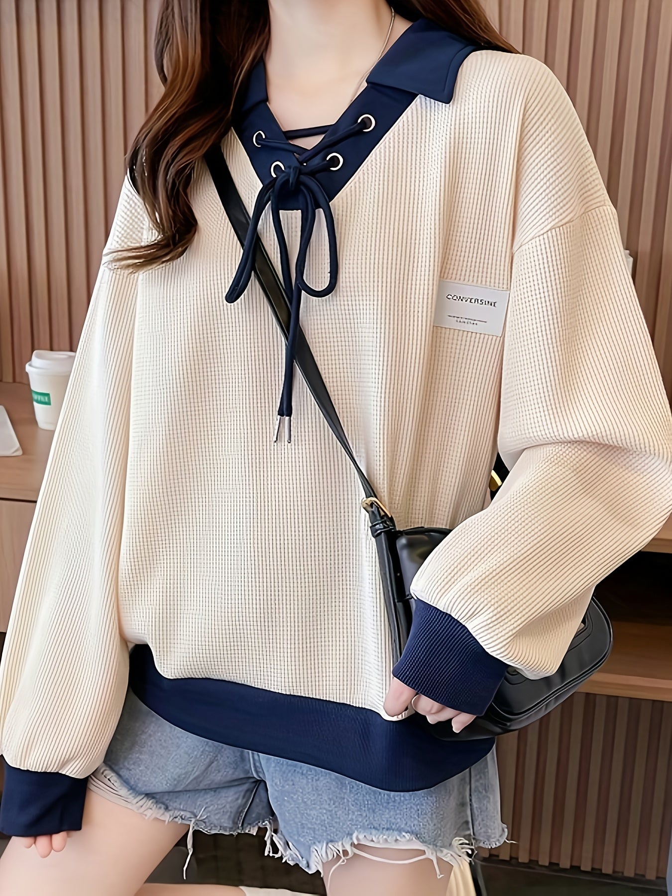 dunnmall  Color Block Lapel Pullover Sweatshirt, Casual Long Sleeve Crisscross Drawstring Sweatshirt For Fall & Winter, Women's Clothing