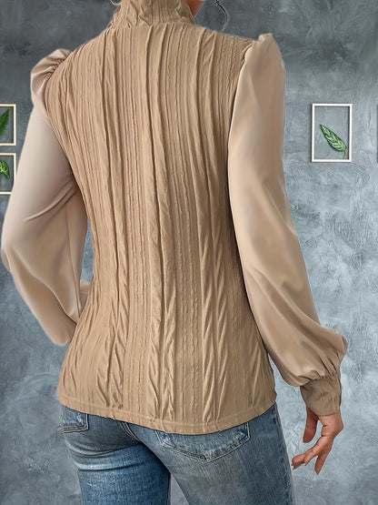 dunnmall  Solid Ruched Blouse, Casual High Neck Long Sleeve Versatile Blouse, Women's Clothing