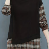 Long Sleeve Plaid Pullover, Crew Neck Casual Top For Spring & Fall, Women's Clothing