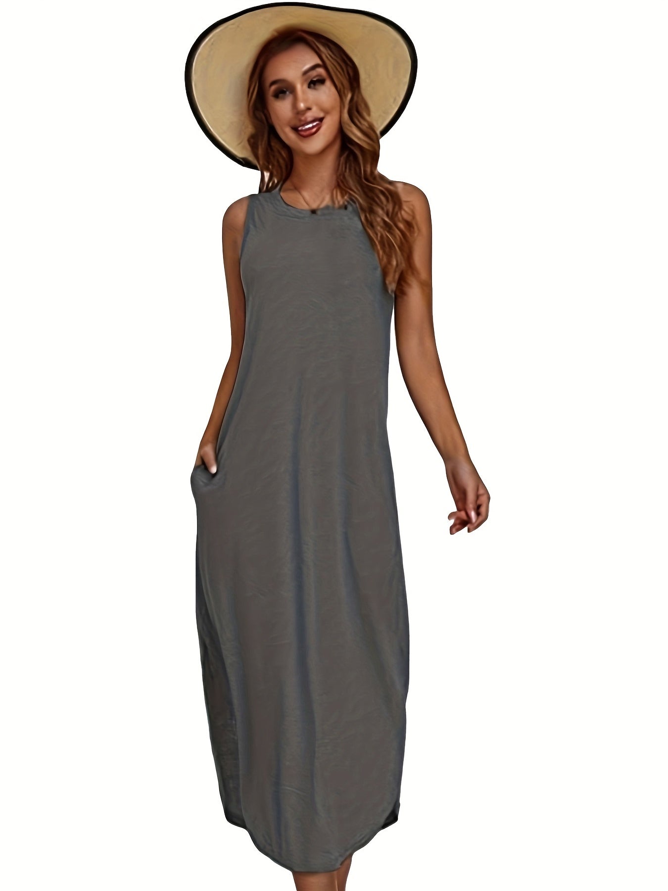 dunnmall  Solid Split Tank Dress, Casual Crew Neck Sleeveless Maxi Dress, Women's Clothing