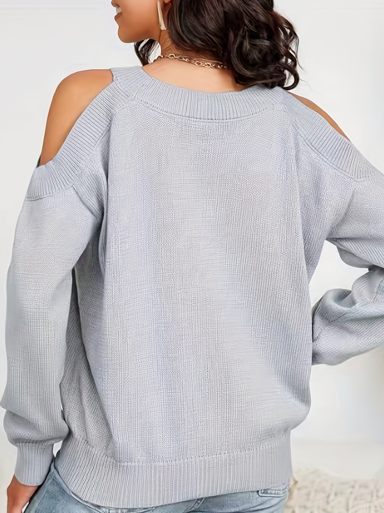 dunnmall  Solid Cold Shoulder Pullover Sweater, Casual Crew Neck Long Sleeve Sweater For Spring & Fall, Women's Clothing