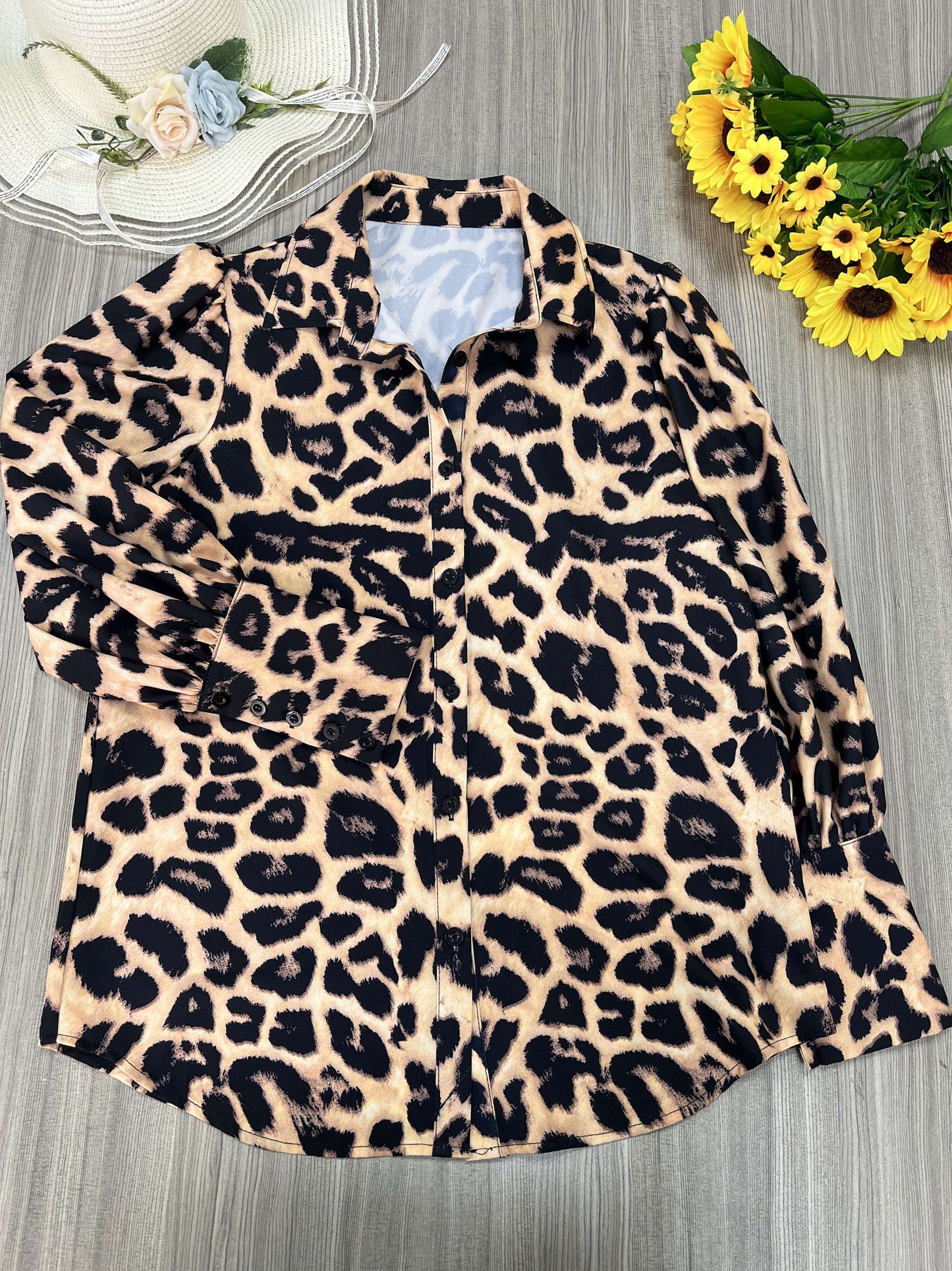 Leopard Print Button Front Shirt, Vintage Lantern Long Sleeve Shirt, Women's Clothing