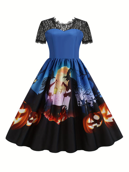 Halloween Witch & Castle Print Lace Stitching Dress, Elegant Ruffle Hem Swing Aline Dress, Women's Clothing