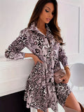 dunnmall  Leopard Print Shirt Dress, Casual Ruffle Hem Long Sleeve Dress, Women's Clothing