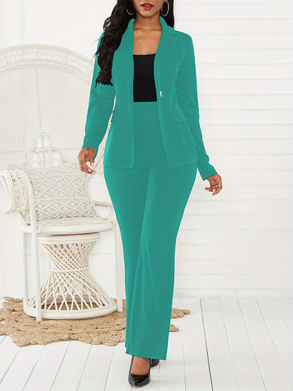 Elegant Solid Two-piece Set, Single Breasted Lapel Blazer & Straight Leg Pants Outfits, Women's Clothing