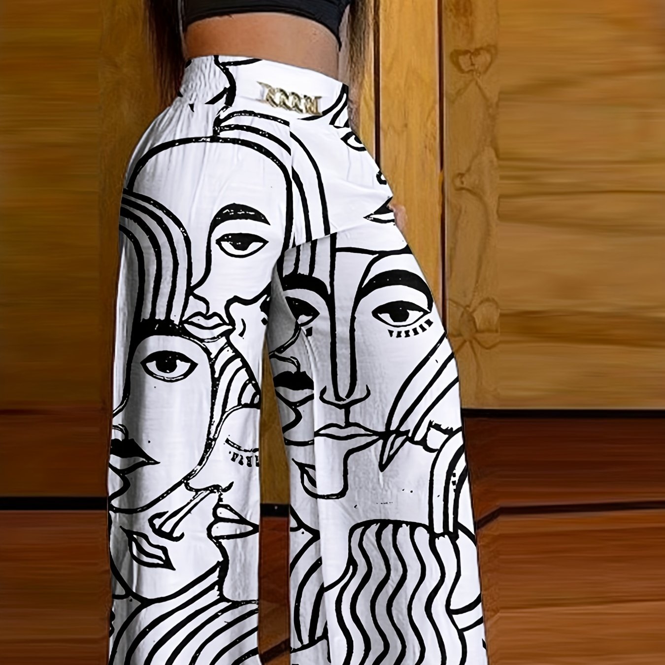 dunnmall  Abstract Face Print Pants, Casual Wide Leg High Waist Pants, Women's Clothing