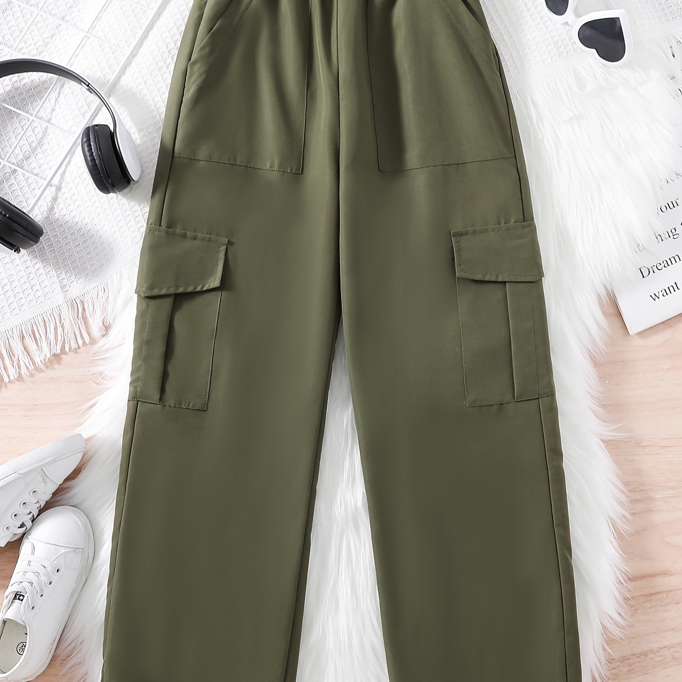 Girl Solid Trendy Side Pockets Cargo Pants, Kids Comfy Versatile Pants For Streetwear