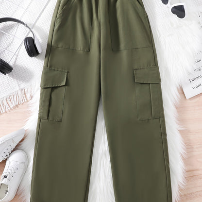 Girl Solid Trendy Side Pockets Cargo Pants, Kids Comfy Versatile Pants For Streetwear