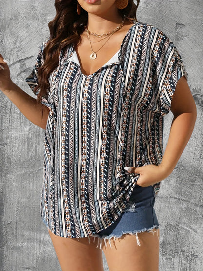 dunnmall  Plus Size Boho Blouse, Women's Plus Tribal Print Short Sleeve Keyhole Tie V Neck T-shirt