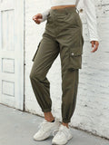 Solid Dual Pockets Cargo Pants, Casual Button Front Pants For Spring & Fall, Women's Clothing