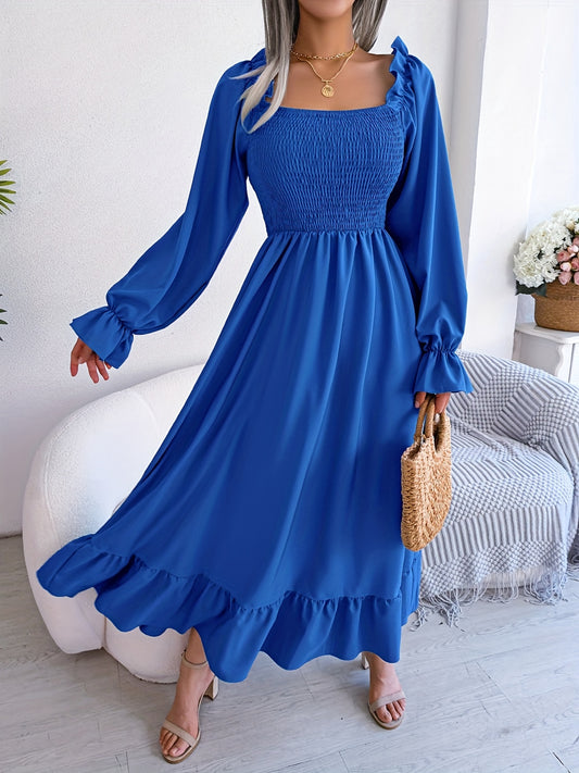 Solid Squared Neck Long Lantern Sleeve Maxi Dress, Casual High Waist Backless Ruffled Hem Dress, Women's Clothing