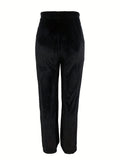 Solid High Waist Rib Knit Pants, Elegant Button Slim Pants For Fall & Winter, Women's Clothing